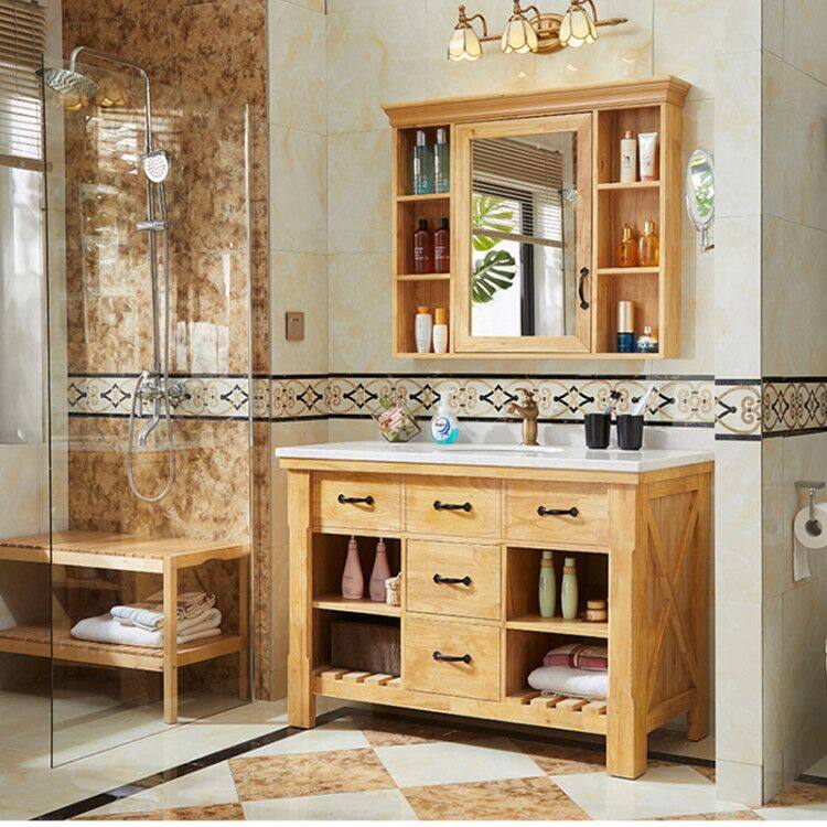 Customized Nordic bathroom oak American bathroom cabinet combination floor-to-ceiling washbasin log color washstand powder room