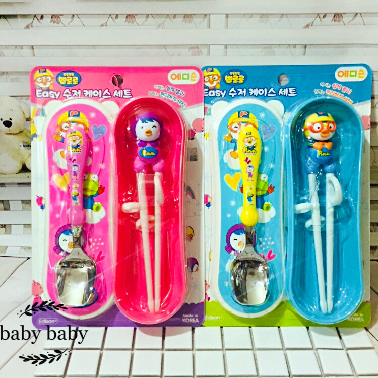 Korean children Po Lele pororo little penguin stainless steel learning chopsticks spoon box 3-piece set