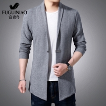 Rich bird knitted cardigan sweater mens spring and autumn thin Korean mens jacket medium and long casual outer wear cloak trend