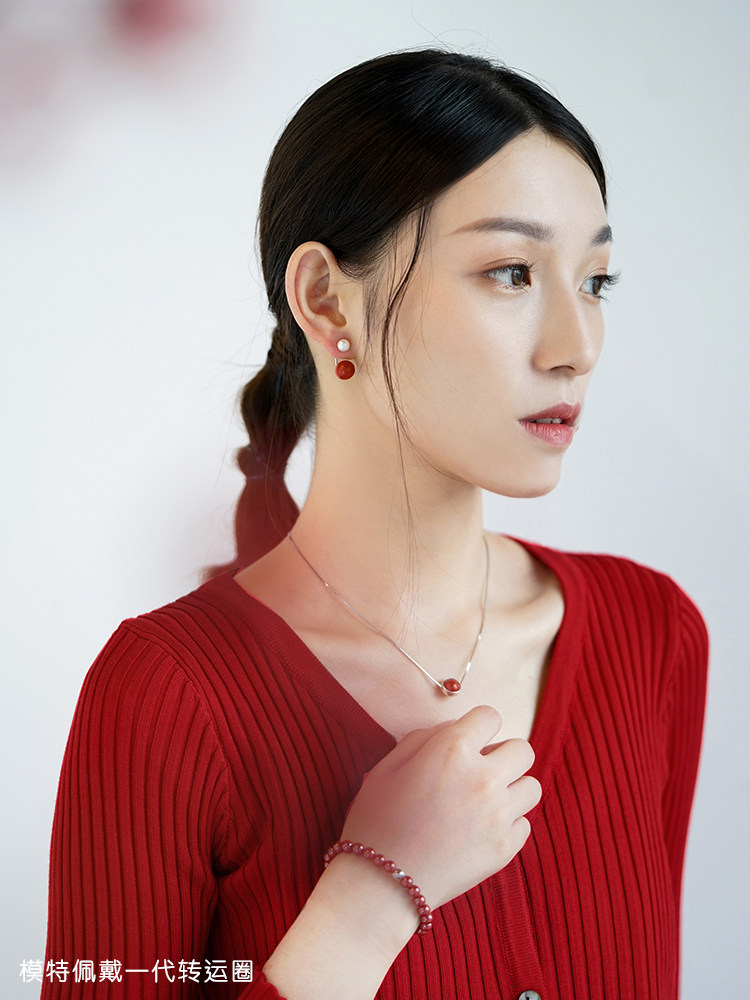 時来運転ネックレス VISHI 天然朱砂 S925純銀 原鉱辰砂 赤色 本命年