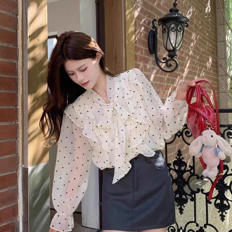 French-Style Ruffled Polka Dot Tie Long-Sleeve Shirt for Women, New Autumn Model, Elegant Niche Loose Chiffon Versatile Top