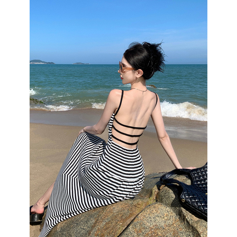 Summer New Style Dress with Chest Pads, Spaghetti Straps, Tight-Fitting, Backless, Slim-Fitting, Stylish, Vacation Striped Long Dress, Trendy Summer New Style Dress with Chest Pads, Spaghetti Straps, Tight-Fitting, Backless, Slim-Fitting, Stylish, Vacation Striped Long Dress, Trendy