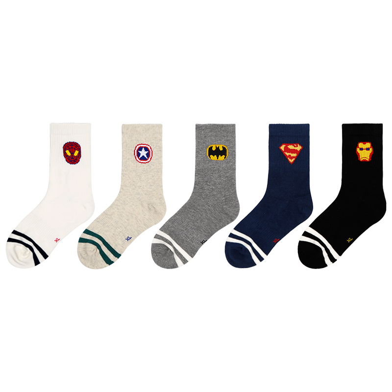 Children's Socks Mw Superhero Cartoon Simple Superman Mid-Tube Student Socks Spider-Man Batman Iron Man Captain America