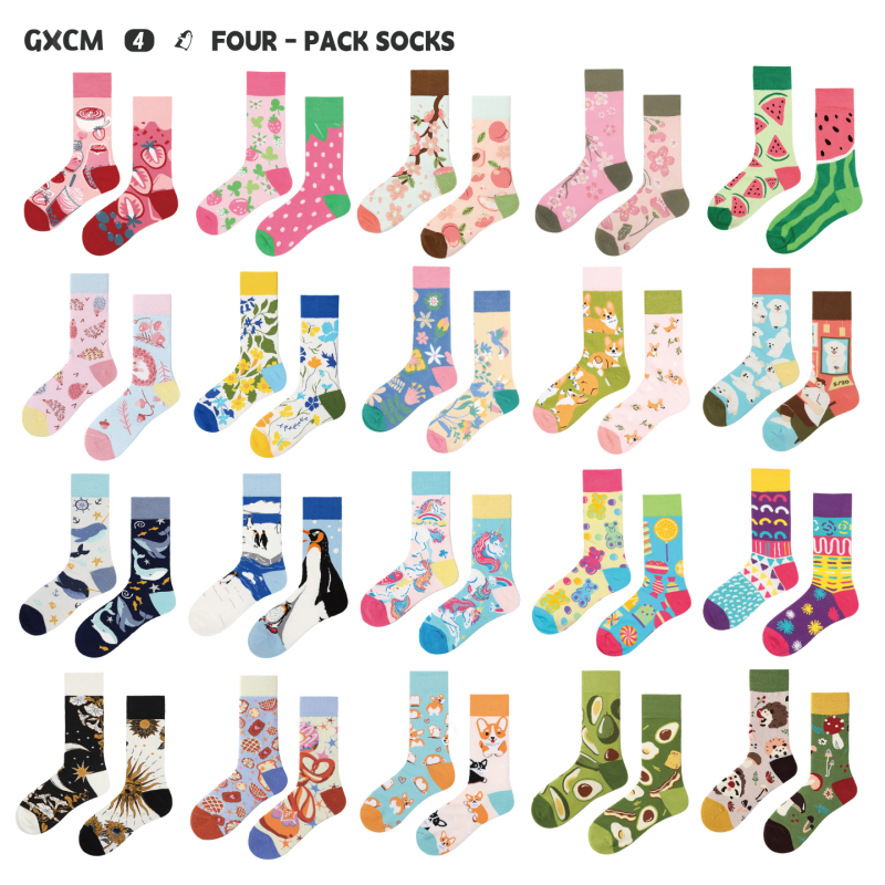 4 Pairs of Unisex Mid-Calf Socks with Cartoon Patterns, Mandarin Duck Ab Version Socks, Asymmetrical Design, Dopamine Color-Blocking, Unique Style 4 Pairs of Unisex Mid-Calf Socks with Cartoon Patterns, Mandarin Duck Ab Version Socks, Asymmetrical Design, Dopamine Color-Blocking, Unique Style