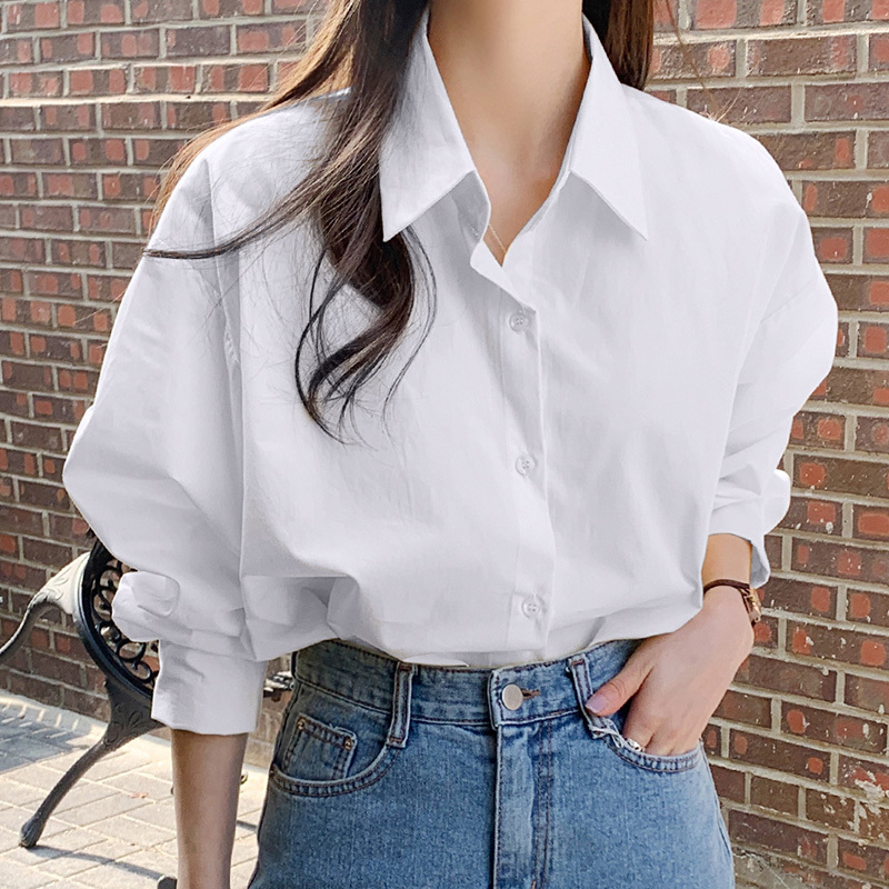 Lanensula Pure Cotton Formal White Shirt Women's Long-Sleeved Professional Loose Mid-Length Casual Shirt