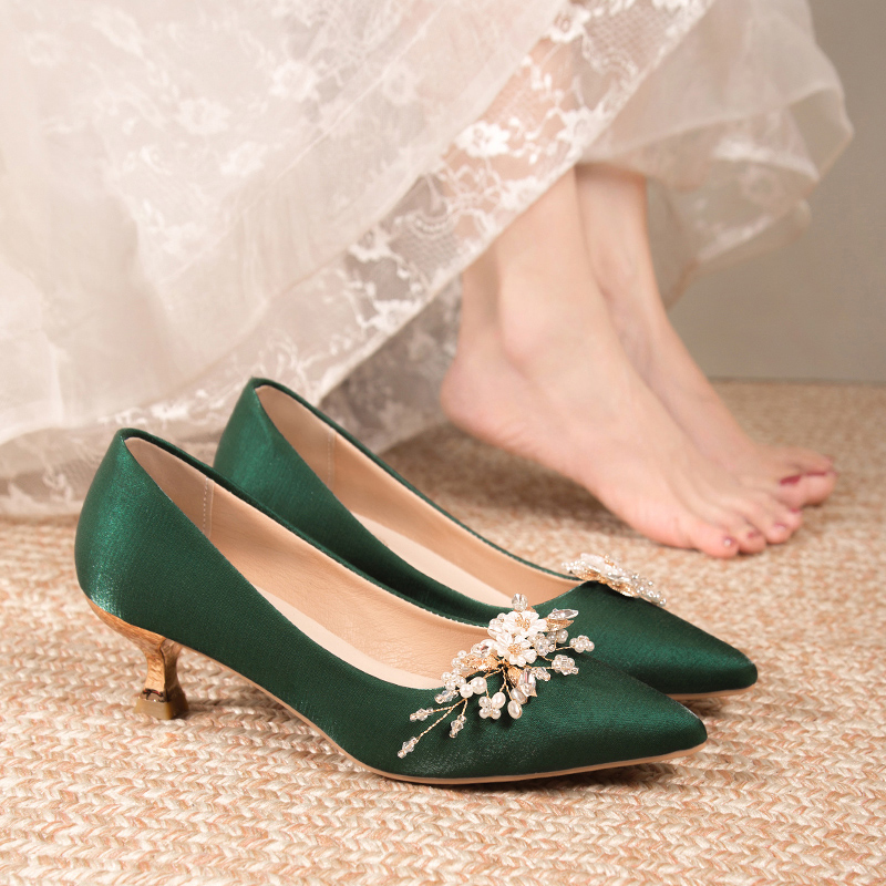 Green High-Heeled Wedding Shoes for Brides, Women's 2026 Spring Fashion New Style Chinese Xiuhe Dress Wedding Shoes That Are Comfortable and Not Tiring for the Feet