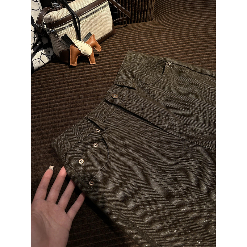Louis Latte Herringbone Pattern Spring and Autumn Heavyweight Silver Thread Coffee Color Denim Sports Pants Louis Latte Herringbone Pattern Spring and Autumn Heavyweight Silver Thread Coffee Color Denim Sports Pants