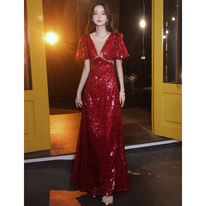 Red Sequin Toast Dress for Bride 2026 New Summer Light Luxury Niche Banquet Elegant Engagement Evening Dress for Women