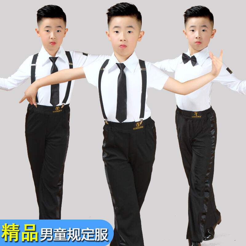 Young Boy Boy Great Boy Latin Dance Competition Suit Short Sleeve Suit Boy White Tie Dancing Practice Dancer Dance Suit