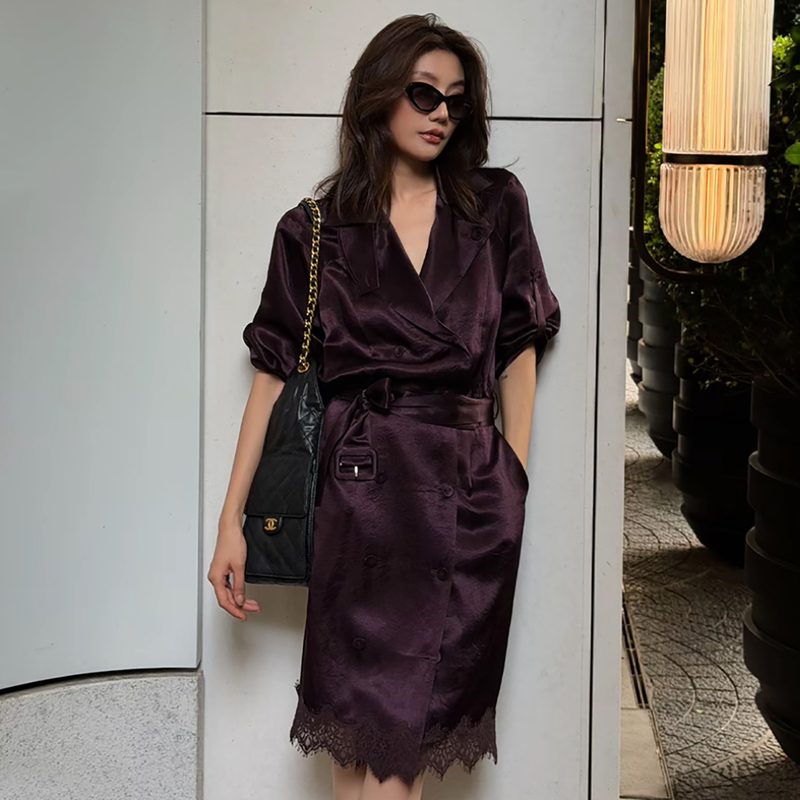 Cool and Elegant Ladylike Style Lapel Waist-Cinching Trench Coat for Women, Mid-Length Lace-Trimmed Stylish Jacket, High-End Dress