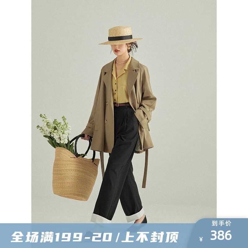 Beautiful emperor anti-wrinkle blend in a long version of double-row buttoned windsuit woman advanced sensation 100 hitch 2022 spring jacket