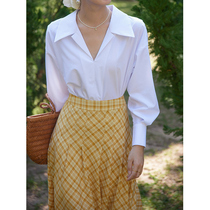 Beautiful Emperor retro pullover long sleeve white shirt female 2021 summer new suit collar wrinkle anti-iron