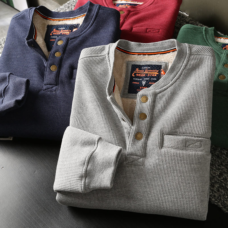 Gafu waggi sweatshirt foreign trade men's long sleeve T-shirt Henry collar warm lamb suede thickened male coat tide