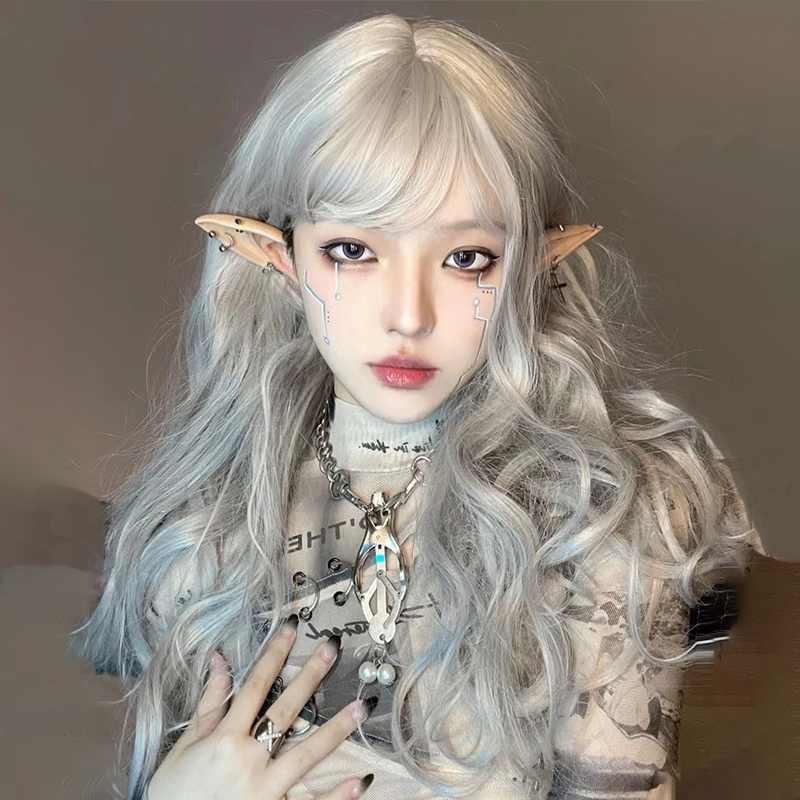 Lolita-style wig for Halloween, granny gray, long, wavy, realistic full-head style.