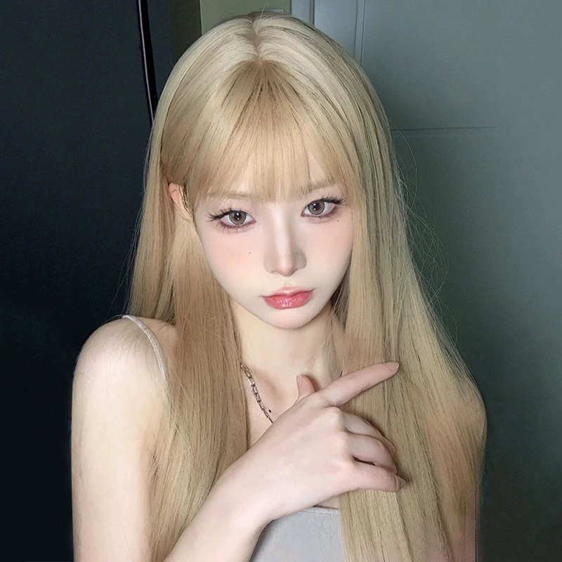 Platinum Wig for Women, Long Hair, Internet Celebrity Style, Natural Everyday Look, Realistic Full Head Wig, Lolita Style, Milky Gold Long Straight Hair