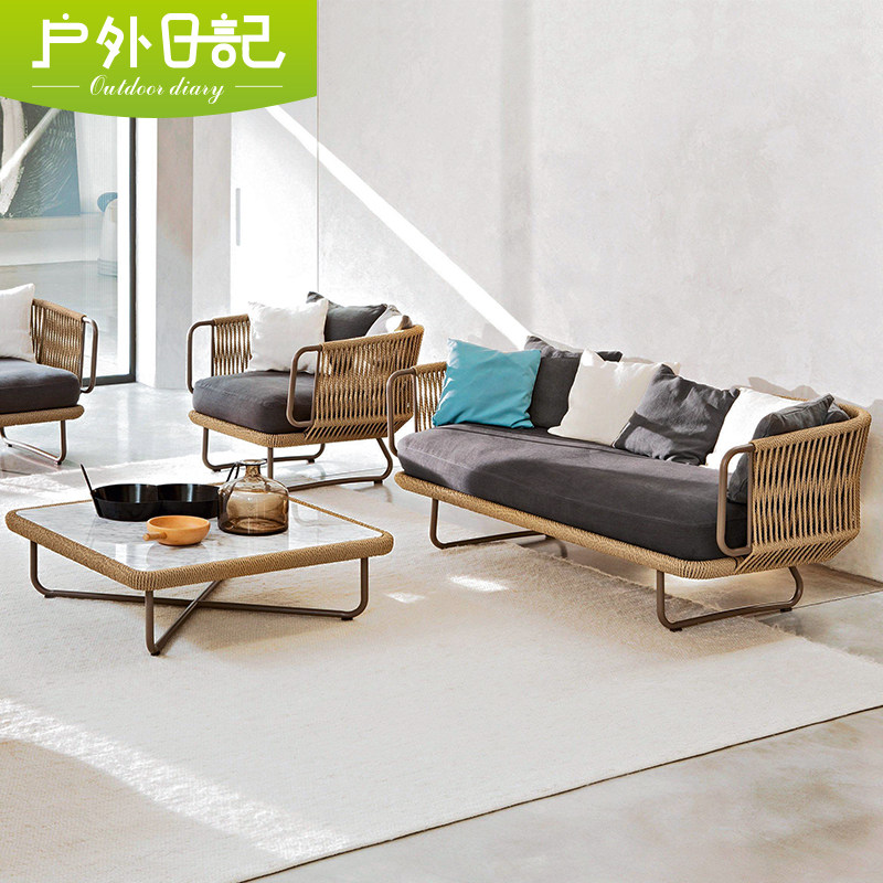 Outdoor sofa Nordic style rope sofa coffee table combination outdoor hotel balcony courtyard leisure sofa rattan furniture