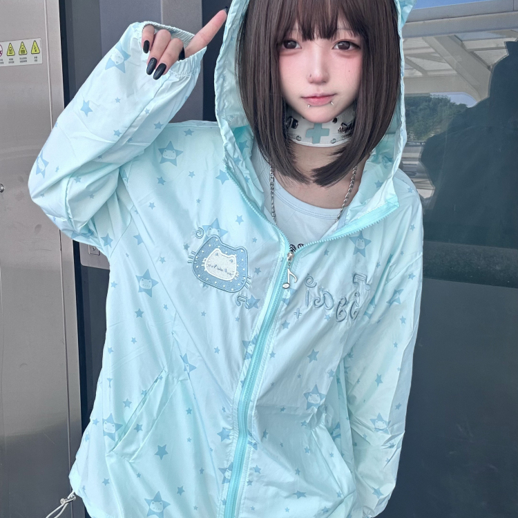 Jgai Time Machine Original Design Dopamine Cute Cat Embroidered Hooded Upf50+ Sun Protection Loose Jacket