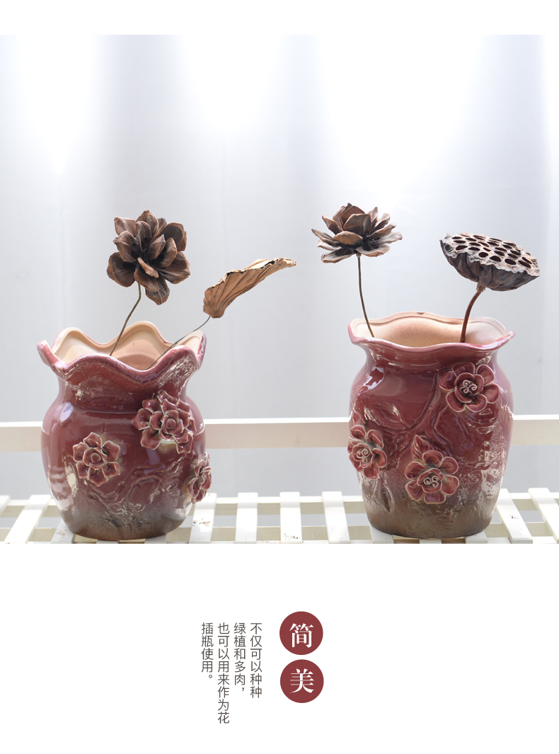 A new large caliber old running the green plant ceramic flower POTS, fleshy flower implement dried flower vase coarse pottery breathable large - sized mage basin