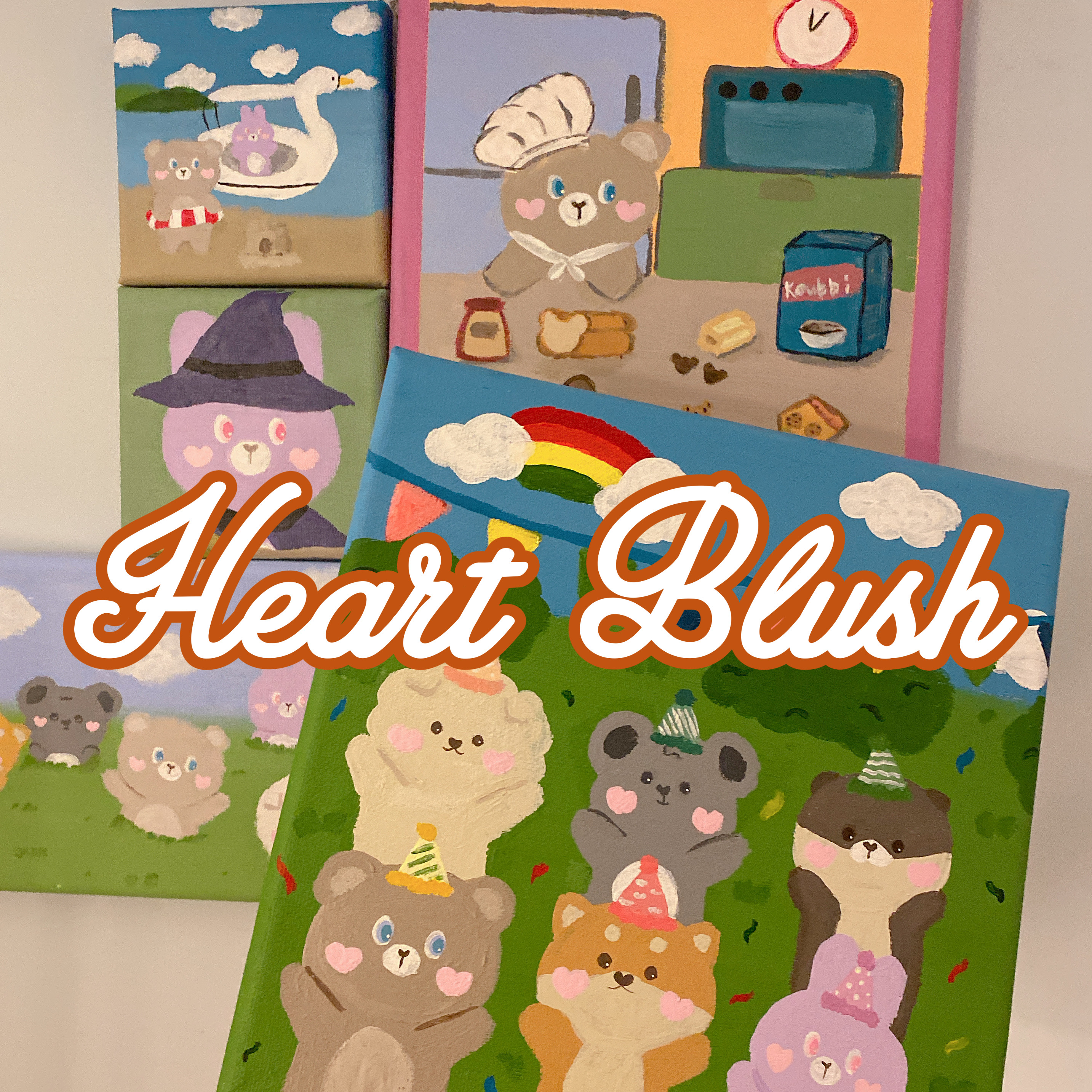 HEART BLUSH Original Kubi BROWN BEAR Miona Purple RABBIT Oil painting print hanging painting Non-hand painting