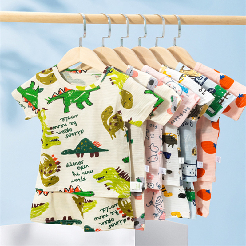 Children's home clothes summer thin pajamas men and women baby air conditioning clothes cartoon casual cotton home clothes suit new