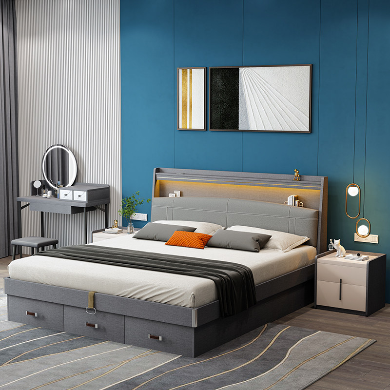 Bed modern minimalist air pressure High case storage with double wedding bed 1 8 m Nordic small family Type master bedroom 1 5 bed