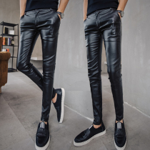 Mens leather pants oil-proof and waterproof work pants Korean version of slim fit tide autumn and winter small feet pants tight elastic motorcycle