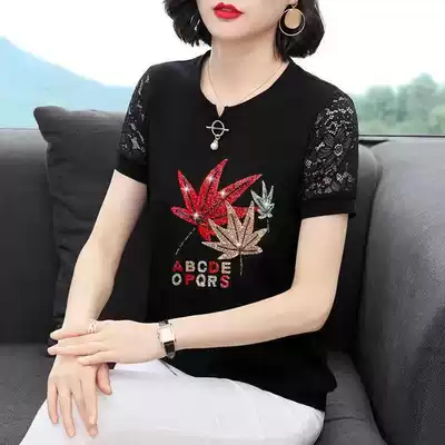 Cotton large size women's middle-aged mother T-shirt summer new hot diamond print black lace hollow short sleeve top