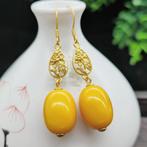 Natural amber old beeswax barrel bead earrings retro silver gold-plated earrings ethnic style womens light luxury style earrings
