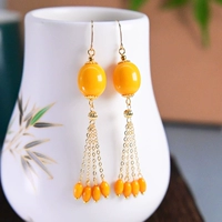 Янтарные модные серьги из воскового агата с кисточками, длина макси, 14 карат