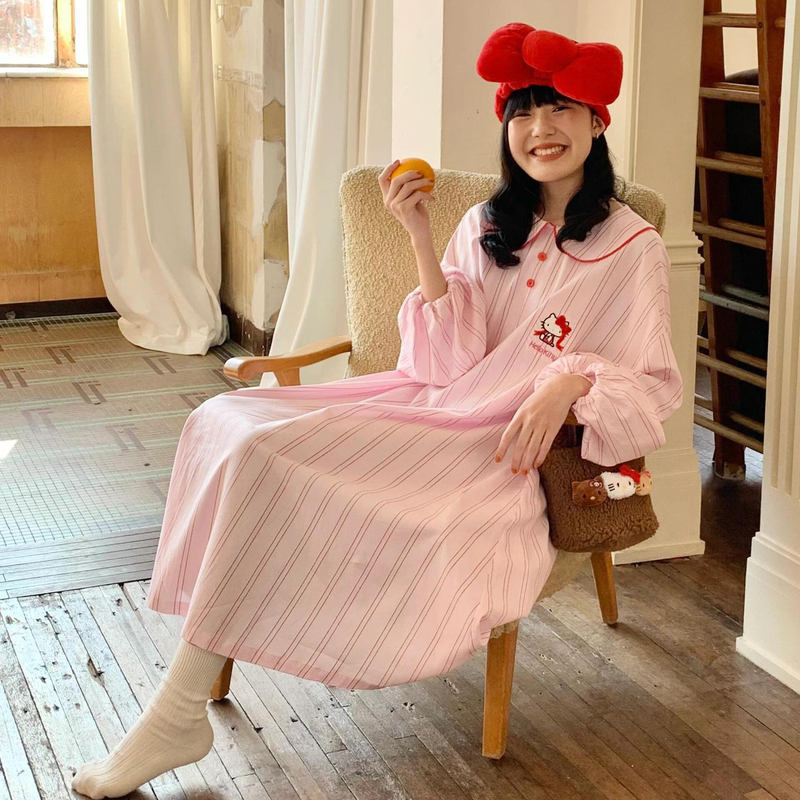 Hello Kitty Co-Branded Pajamas Tencel Cotton Home Clothes Women's Brutalist Flat Nightgown Plus Size Women Fat mm