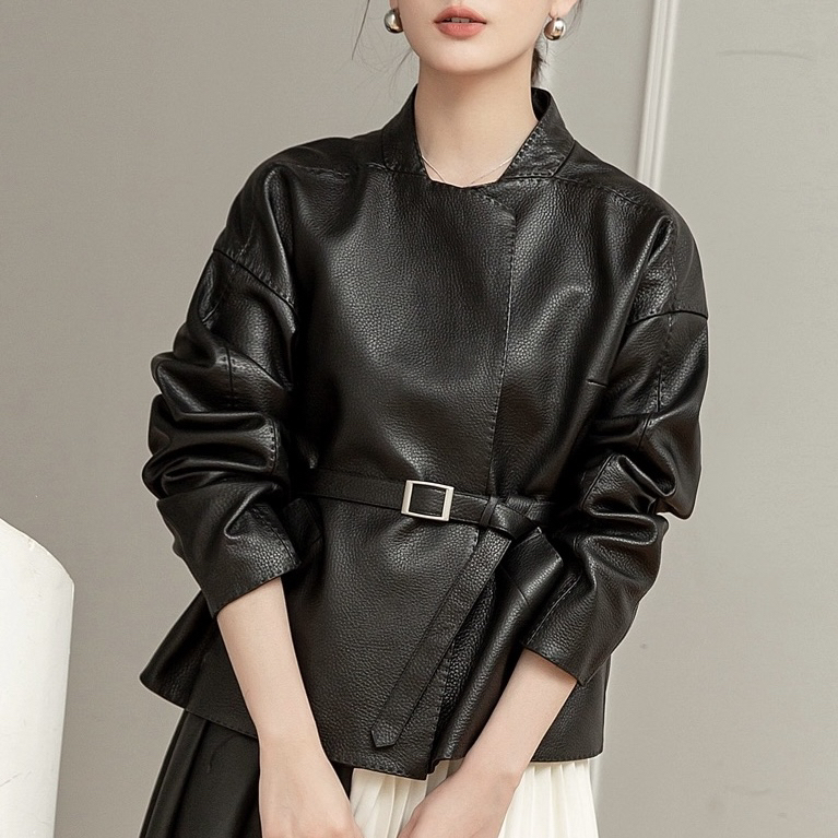 [Factory] Sheepskin Leather Jacket with Lychee Pattern, Women's Short Round Neck Collarless Belted Leather Jacket