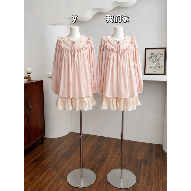 Eat a Pear, Apricot Peach Soufflé, Reversible Pink Cotton Lace-Up Doll Shirt + Lace Short Skirt for Women