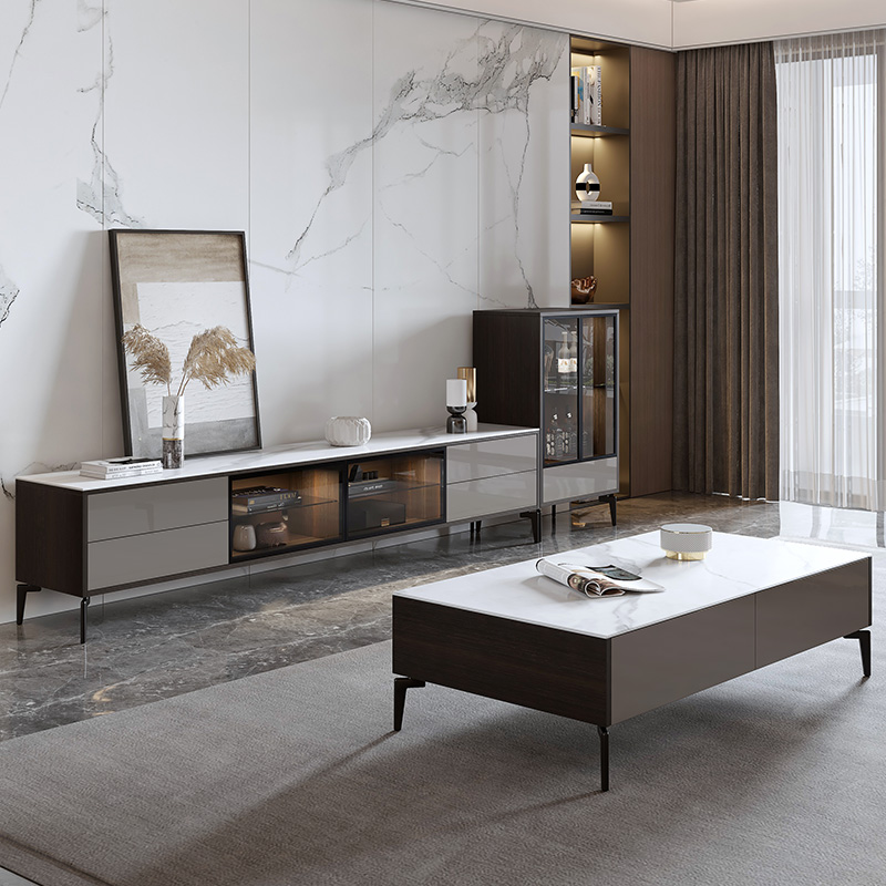 Extremely simple rock board TV cabinet tea table combination Nordic modern minimalist light extravagant TV enclosure small family type living room lockers