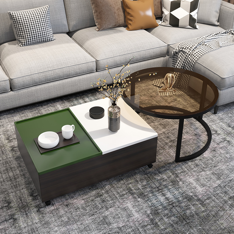 Nordic Tea Table Combination Brief Modern Creative Iron Art Round Tea Table Table Living Room Home Small Household Type Mesh Red Glass