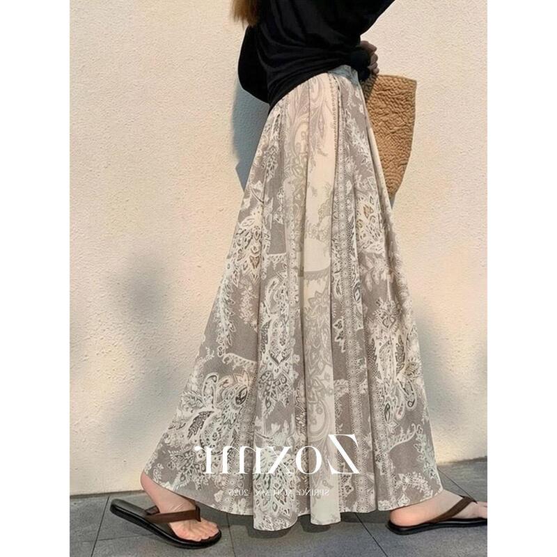 Beautiful and Stunning Long Skirt for Seaside Vacation, Ethnic Style, High-Waisted, Elegant Printed A-Line Skirt for Women in Summer