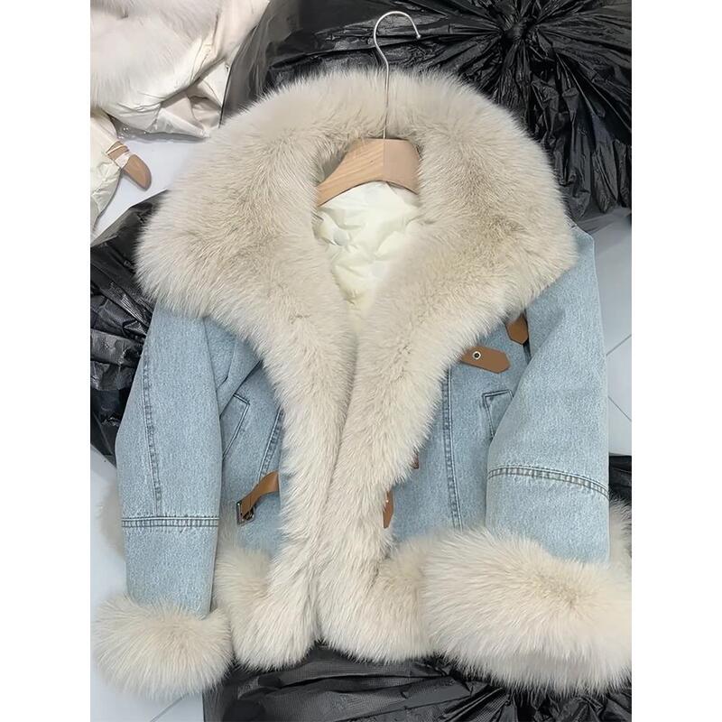 Korean Style Large Fur Collar Blue down Denim Fur Coat Winter Socialite Light Luxury High-End Fleece-Lined Warm Jacket