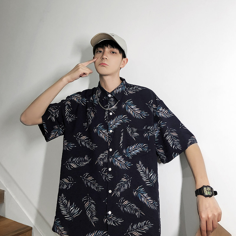 Short-sleeved shirt men's summer printing shirt trend casual Ruffian loose Japanese retro tide card port wind Net red handsome