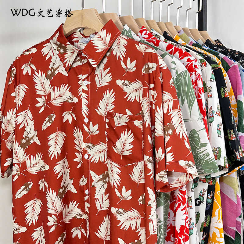 Hong Kong Style Retro Hawaiian All-Over Print Short-Sleeve Cleanfit Floral Shirt for Men and Women, Thai-Style Couple Casual Beach Shirt