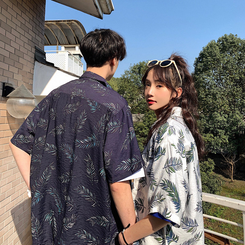 ins Super fire men's short sleeve flower shirt Hong Kong style Japanese loose beach holiday couple Ice Silk shirt