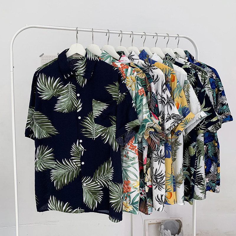 Short sleeve flower shirt Hong Kong style retro ulzzang Korean trend handsome shirt men and women holiday Hawaiian shirt