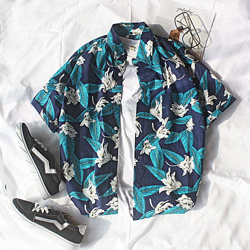 ins Hawaiian flower shirt men's short sleeve harbor style retro vetiver Tide brand Ruffian cotton casual shirt coat