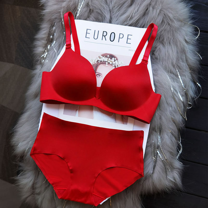 Big red lingerie suit woman wedding bride Ben life New Year bra Sexy girl No marks no steel ring to gather bra