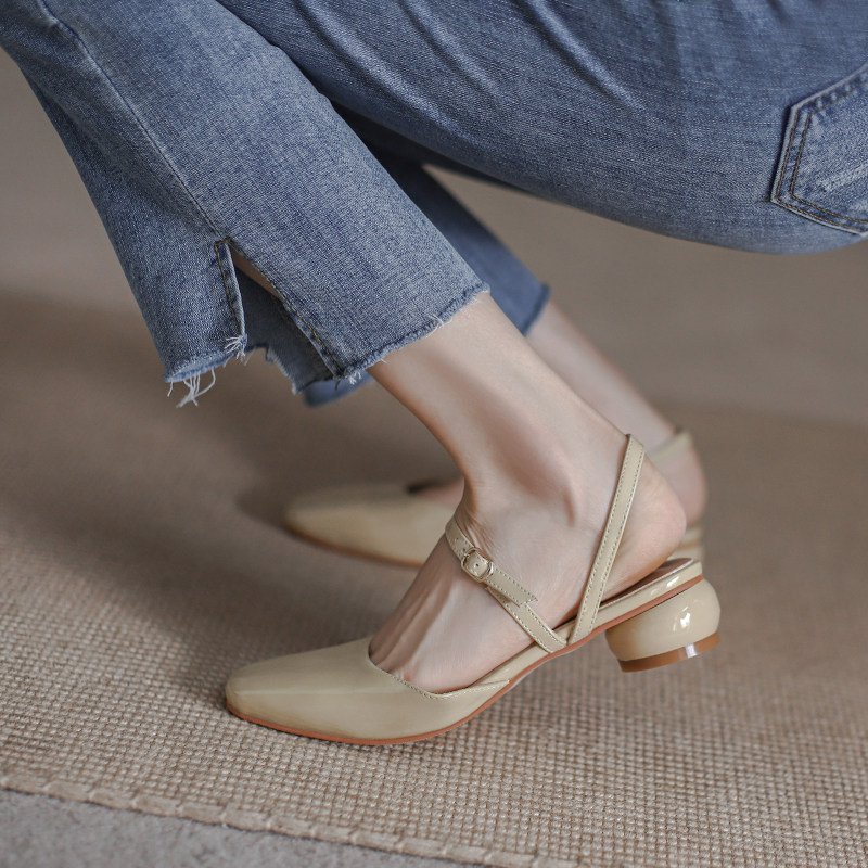 Mostarsea simple and gentle style ~ Baotou sandals female fairy style all-match medium-heeled square-toed patent leather thick-heeled shoes