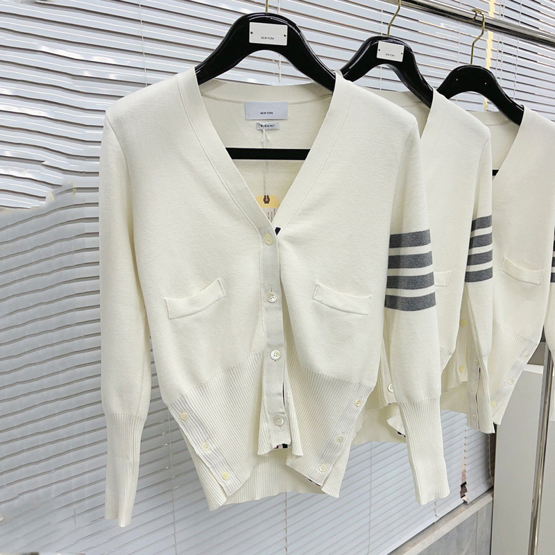 Tb Four-Bar V-Neck Slim-Fit Knit Cardigan for Women, Classic Solid Color Ontb Pure Cotton Knit Jacket, Slim-Fit Top