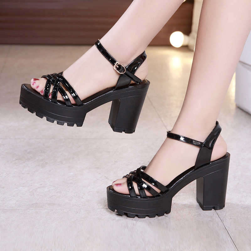 Chunky Heel Platform Cheongsam Runway Shoes Thick-Soled Patent Leather High-Heeled Sandals Women's Summer One-Strap Large Size Peep-Toe Sandals