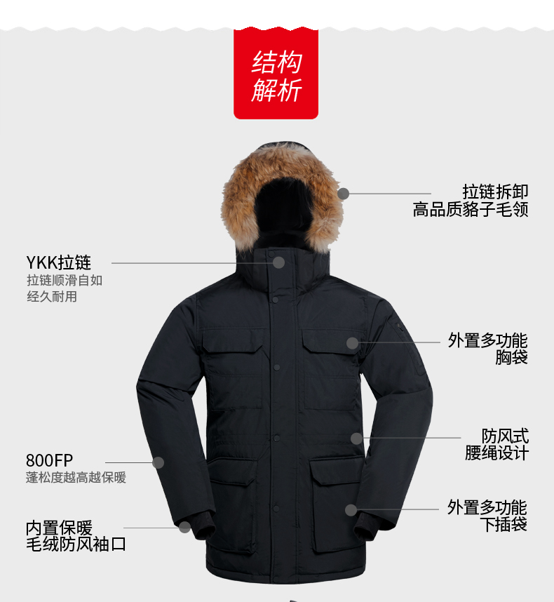 君羽 800蓬300克90%鹅绒 工装风 男中长款防水连帽超重装羽绒服 抗-30℃ 图11