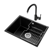 OULIN black quartz stone sink large single-slot under-counter basin advanced vegetable sink OLWGS102 with faucet
