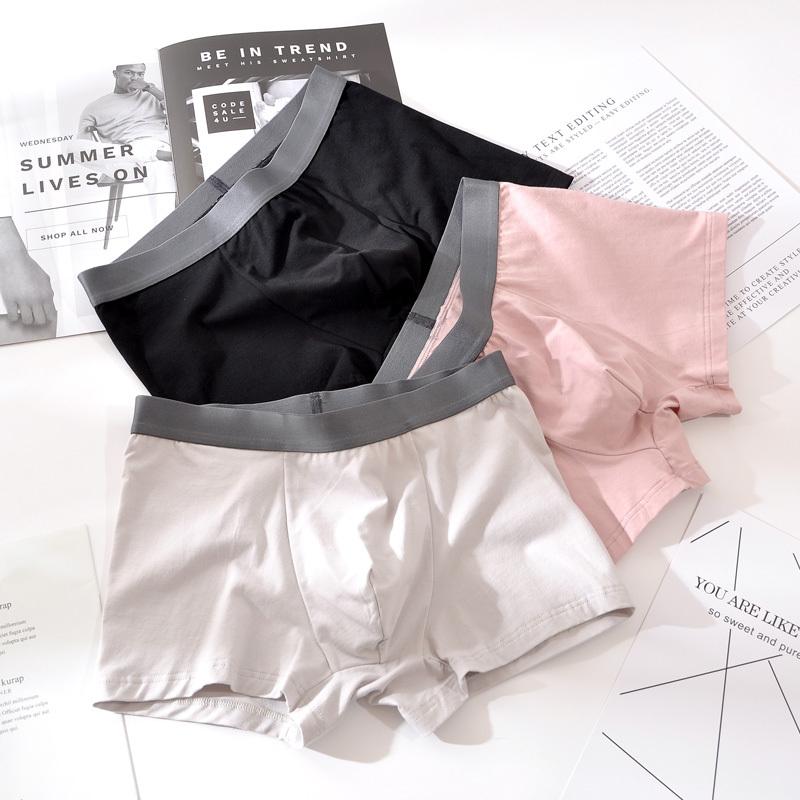 3 Pairs of Men's Underwear, Pink, Japanese Style, Light-Colored, Solid Color, Boxer Briefs, Pure Cotton, for Students, High School Students, Four-Corner Briefs