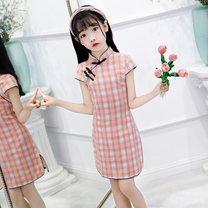 Girl's qipao Summer checkered 2022 New summer Grand Scouts Chinese Wind CUHK Scout Children's dress Retro Improved women