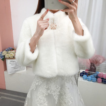 Wedding shawl winter mink hair thickened warm Bride wedding woolen shawl winter long sleeve coat Evening Dress White